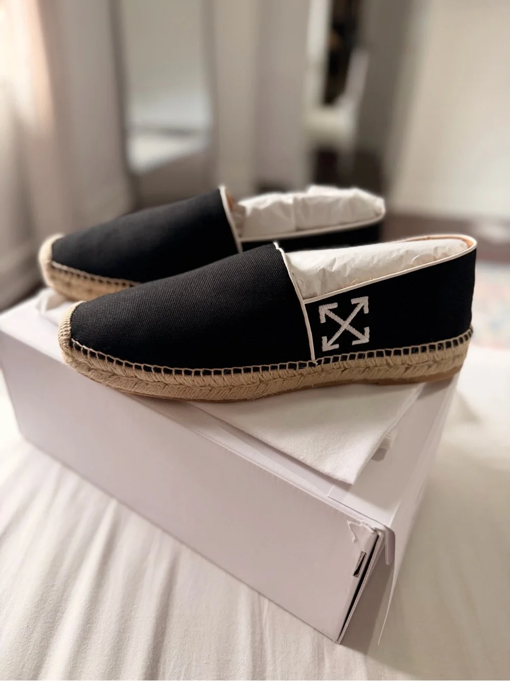 Off-White Black Canvas Slip-On Espadrilles with Natural Trim